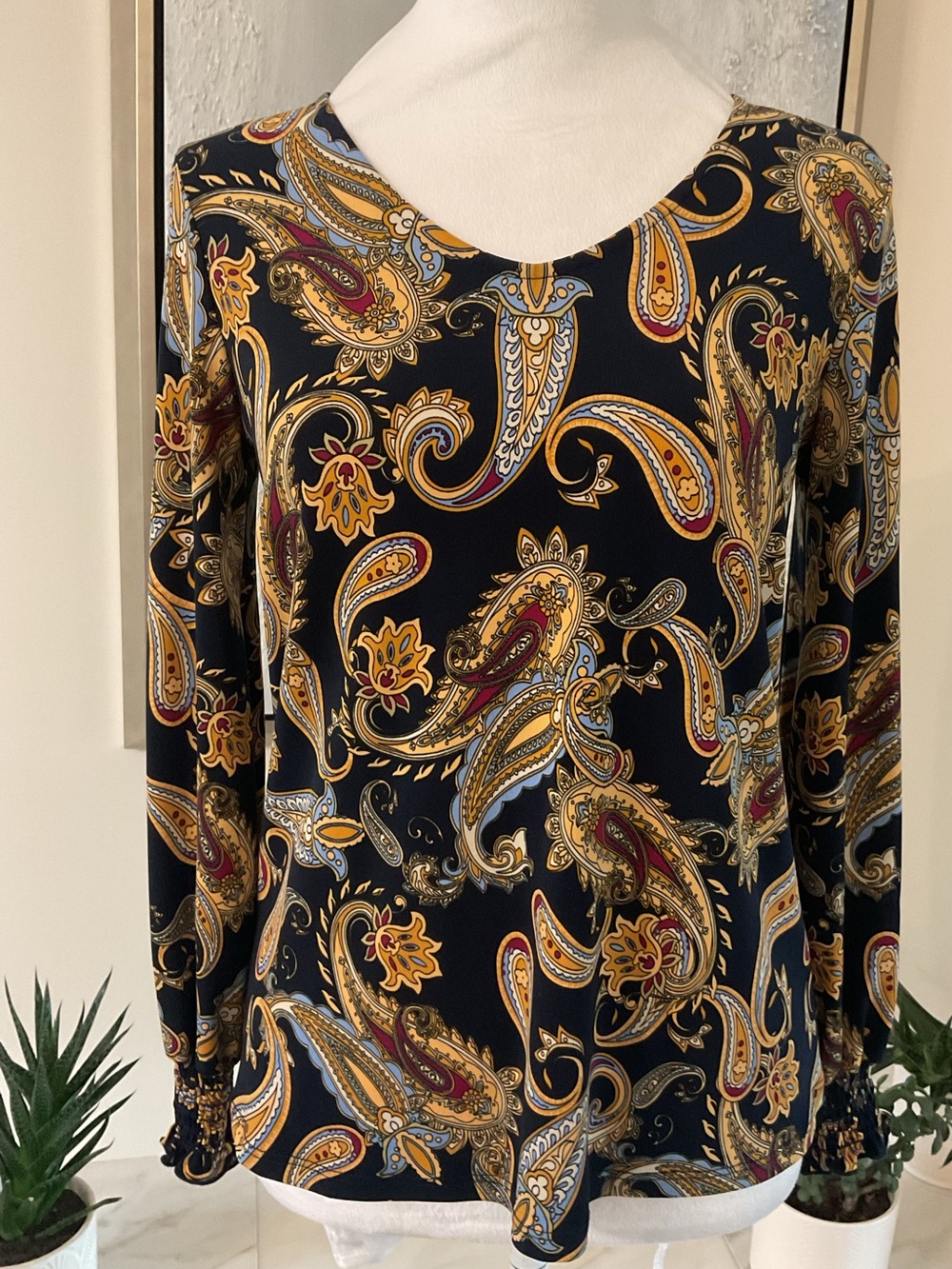 Laura’s Petite Paisley Blue Long sleeves Blouse with Smocked push up cuffs